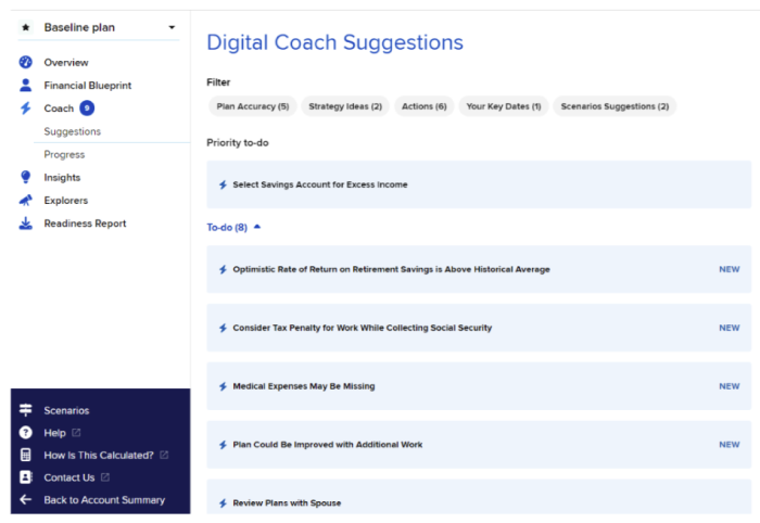 Image of digital coach suggestions screen
