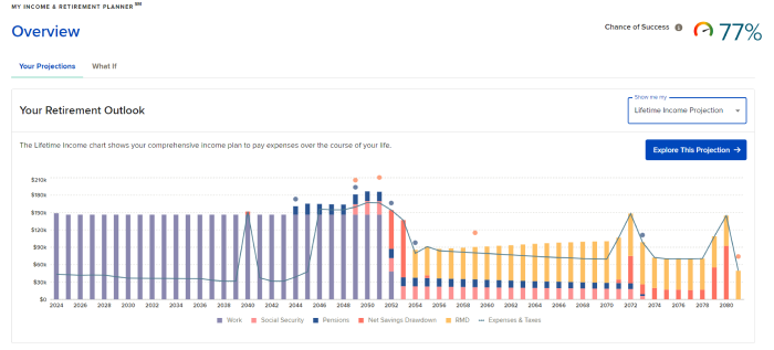 Screenshot of the Overview page that includes the participant's change of success score and the lifetime income chart